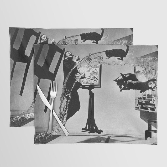 Dalí Atomicus, Salvador Dali painting with flying cats and water spurts surrealism / surrealist black and white photograph / photography by Philippe Halsman Placemat Gallery Image 1