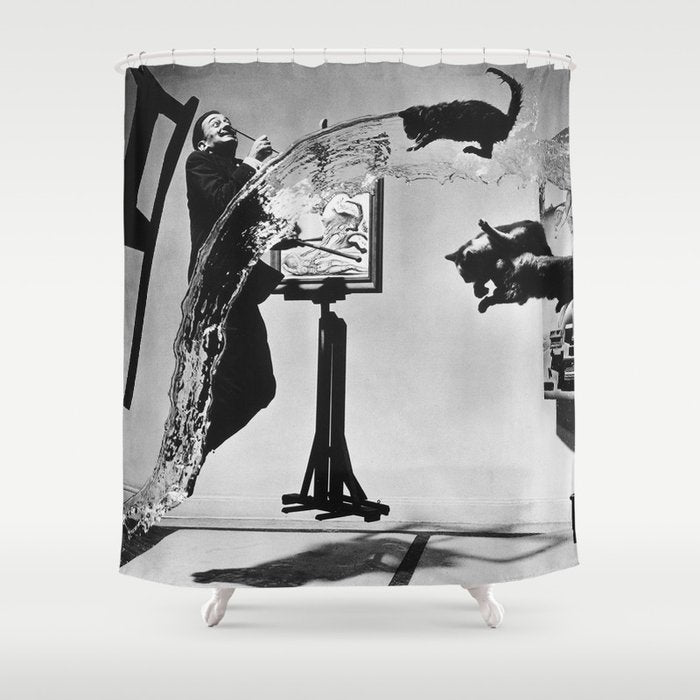 Dalí Atomicus, Salvador Dali painting with flying cats and water spurts surrealism / surrealist black and white photograph / photography by Philippe Halsman Shower Curtain Gallery Image 1