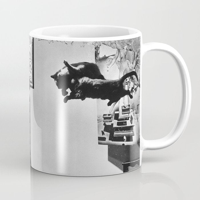 Dalí Atomicus, Salvador Dali painting with flying cats and water spurts surrealism / surrealist black and white photograph / photography by Philippe Halsman Coffee Mug Gallery Image 1