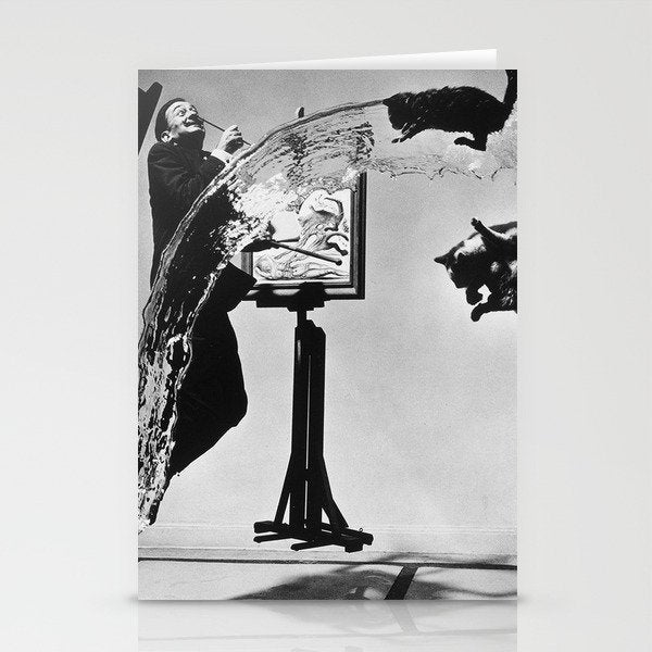 Dalí Atomicus, Salvador Dali painting with flying cats and water spurts surrealism / surrealist black and white photograph / photography by Philippe Halsman Stationery Card Gallery Image 1
