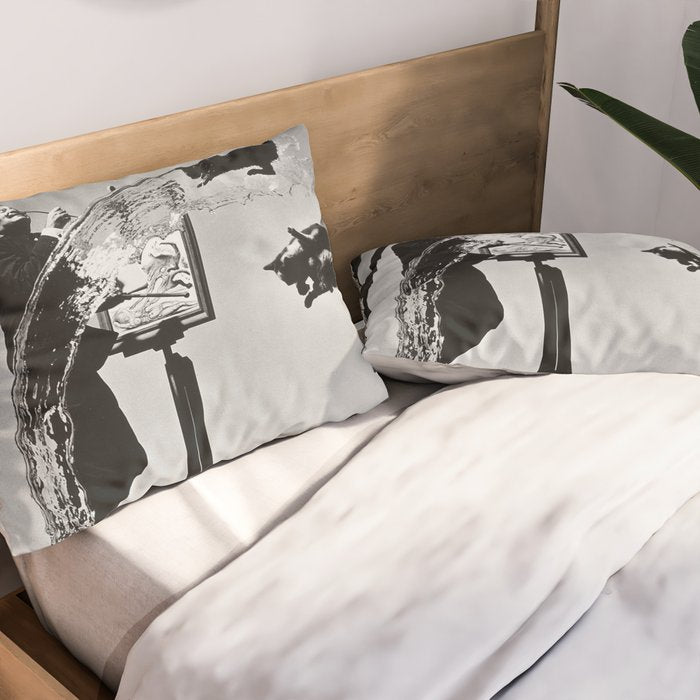 Dalí Atomicus, Salvador Dali painting with flying cats and water spurts surrealism / surrealist black and white photograph / photography by Philippe Halsman Pillow Sham Gallery Image 2