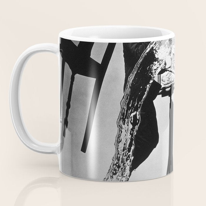 Dalí Atomicus, Salvador Dali painting with flying cats and water spurts surrealism / surrealist black and white photograph / photography by Philippe Halsman Coffee Mug Gallery Image 3