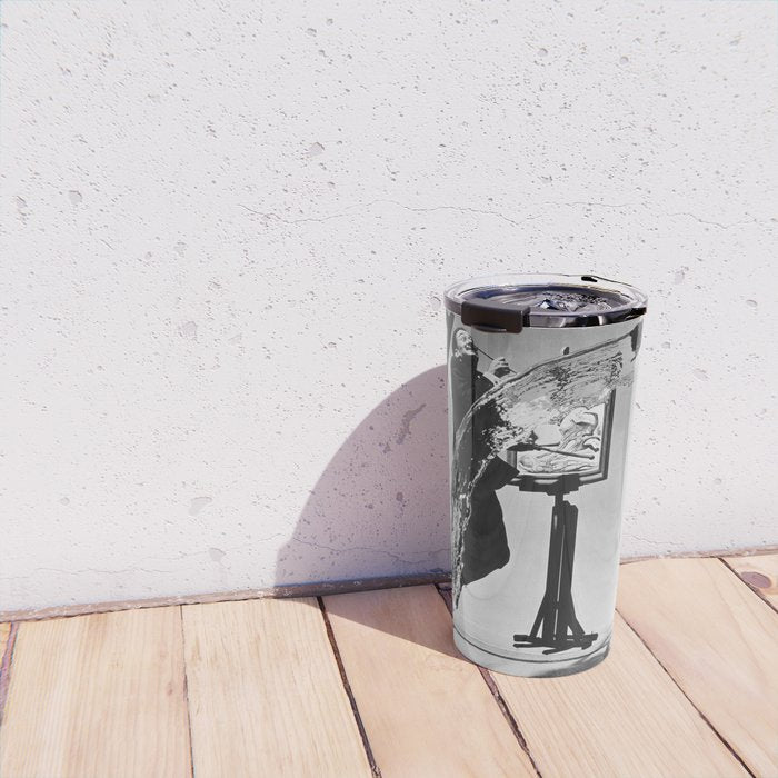 Dalí Atomicus, Salvador Dali painting with flying cats and water spurts surrealism / surrealist black and white photograph / photography by Philippe Halsman Travel Mug Gallery Image 4