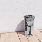 Dalí Atomicus, Salvador Dali painting with flying cats and water spurts surrealism / surrealist black and white photograph / photography by Philippe Halsman Travel Mug Gallery Image 4