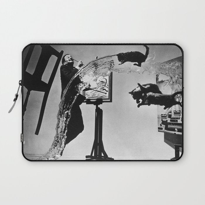 Dalí Atomicus, Salvador Dali painting with flying cats and water spurts surrealism / surrealist black and white photograph / photography by Philippe Halsman Laptop Sleeve Gallery Image 1
