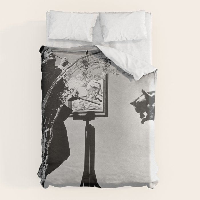 Dalí Atomicus, Salvador Dali painting with flying cats and water spurts surrealism / surrealist black and white photograph / photography by Philippe Halsman Duvet Cover Gallery Image 6