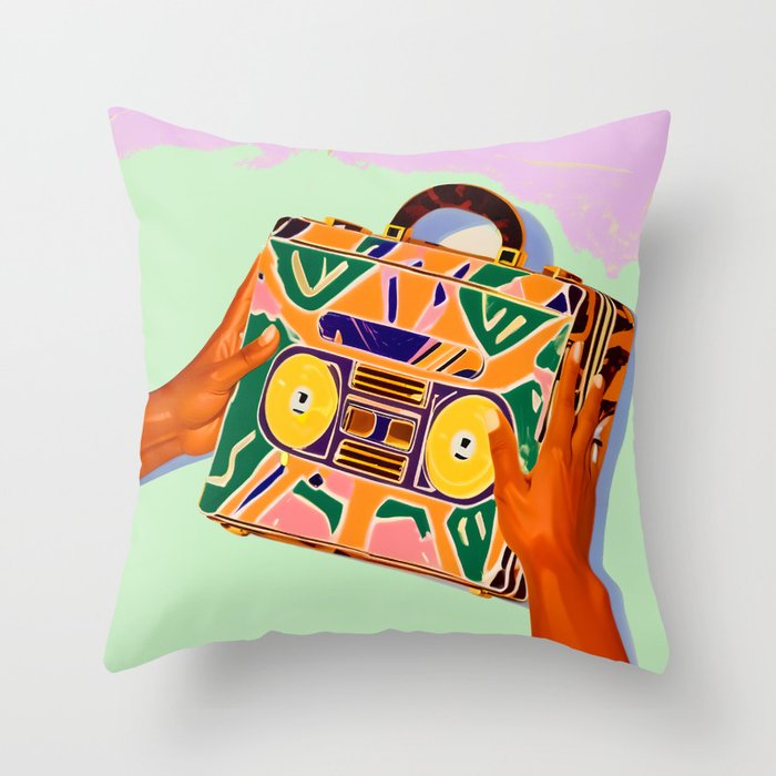 A Suitcase Full of Memories, Retro Cassette Music Mix Tape, Vintage Concept Eclectic Hands Bags Fashion Bohemian Painting Throw Pillow Gallery Image 6