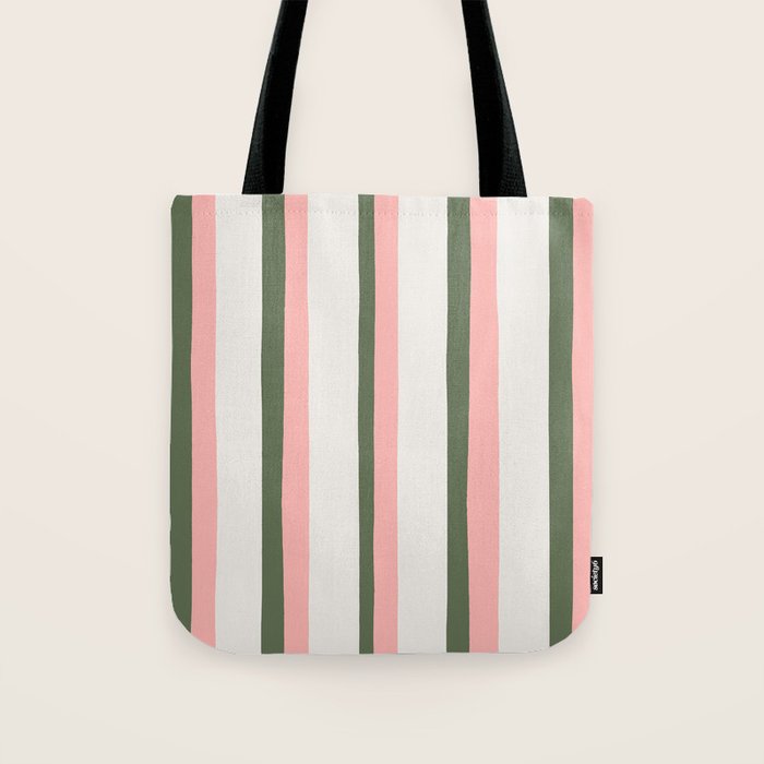 Hand Drawn Vertical Stripes Muted Green & Pink Tote Bag Gallery Image 1