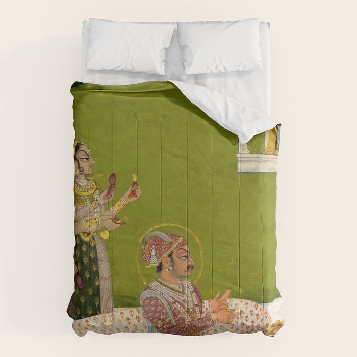 Portrait of Maharaja Savant Singh with Consort, Bani Thani. Indian Rajasthan Folk Art  Comforter Gallery Image 6