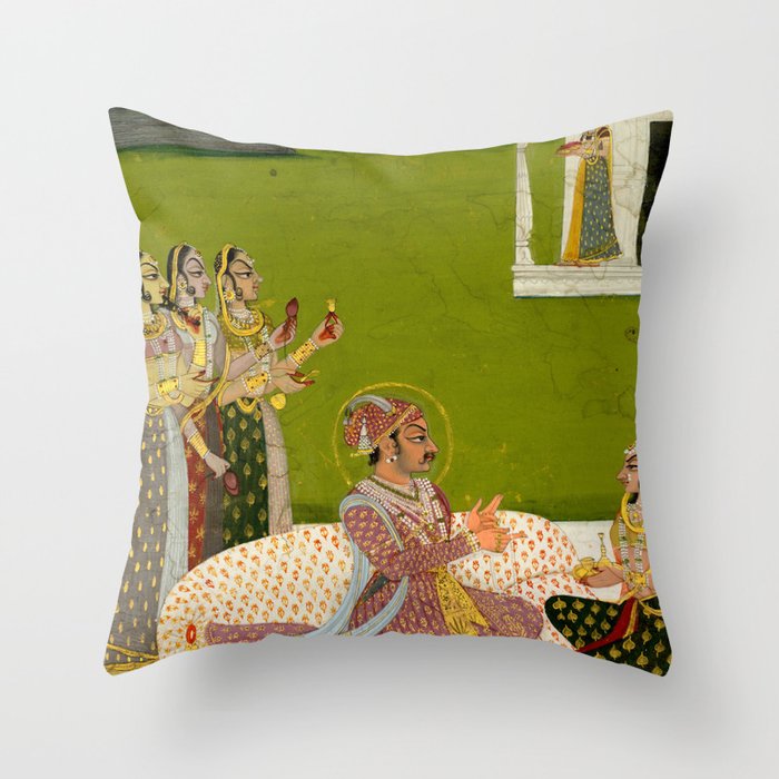 Portrait of Maharaja Savant Singh with Consort, Bani Thani. Indian Rajasthan Folk Art  Throw Pillow Gallery Image 1