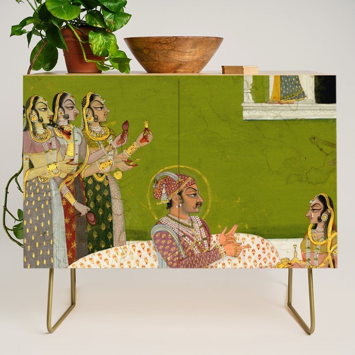 Portrait of Maharaja Savant Singh with Consort, Bani Thani. Indian Rajasthan Folk Art  Credenza Gallery Image 1