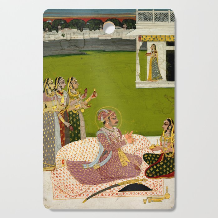 Portrait of Maharaja Savant Singh with Consort, Bani Thani. Indian Rajasthan Folk Art  Cutting Board Gallery Image 1