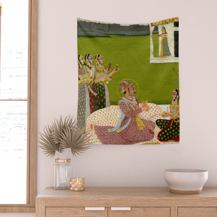 Portrait of Maharaja Savant Singh with Consort, Bani Thani. Indian Rajasthan Folk Art  Wall Tapestry Gallery Image 2