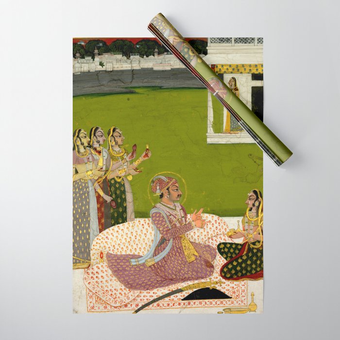 Portrait of Maharaja Savant Singh with Consort, Bani Thani. Indian Rajasthan Folk Art  Wrapping Paper Gallery Image 1