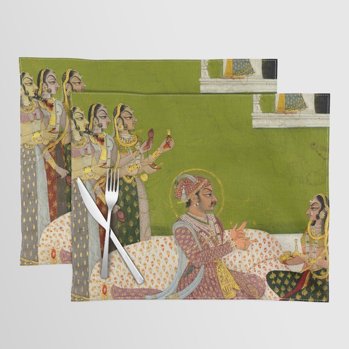 Portrait of Maharaja Savant Singh with Consort, Bani Thani. Indian Rajasthan Folk Art  Placemat Gallery Image 1