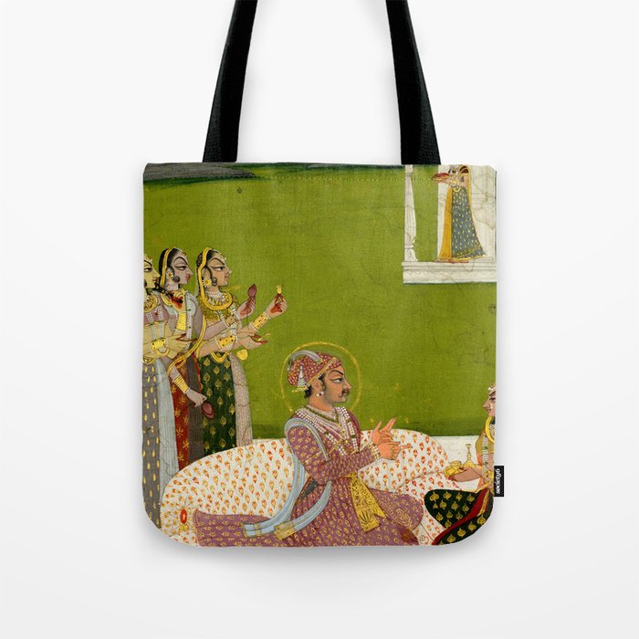 Portrait of Maharaja Savant Singh with Consort, Bani Thani. Indian Rajasthan Folk Art  Tote Bag Gallery Image 1