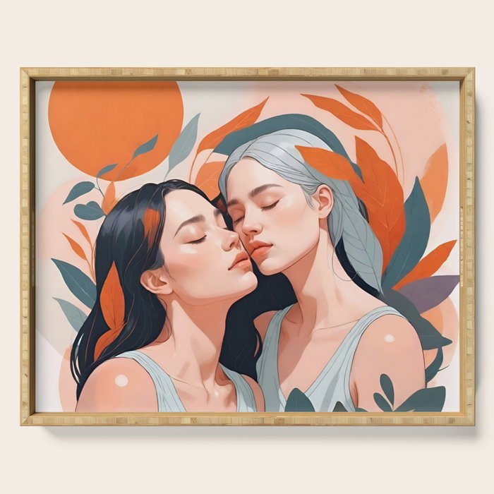 Closeness, Two Women Feminism Painting, Youth Friendship Companion LGBTQ, Lovers Couple Coral Spring Serving Tray Gallery Image 1