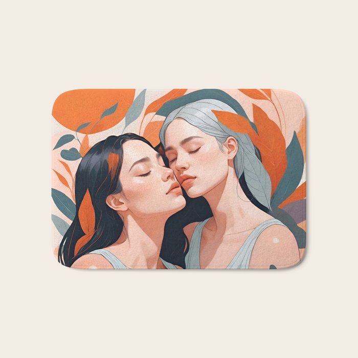 Closeness, Two Women Feminism Painting, Youth Friendship Companion LGBTQ, Lovers Couple Coral Spring Bath Mat Gallery Image 1