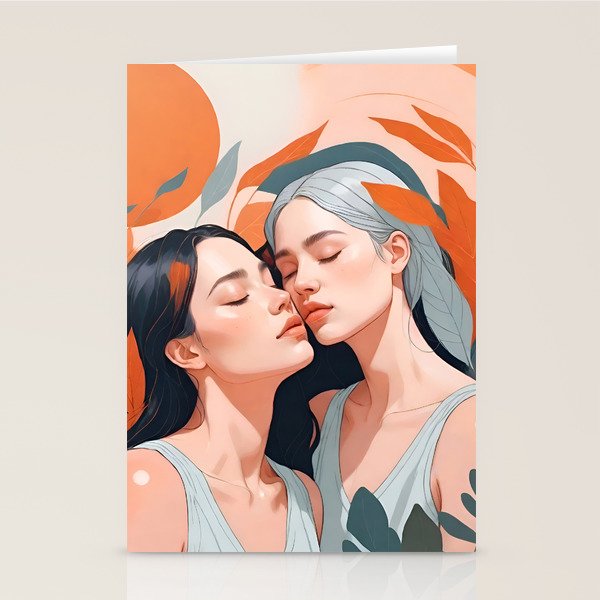 Closeness, Two Women Feminism Painting, Youth Friendship Companion LGBTQ, Lovers Couple Coral Spring Stationery Card Gallery Image 2