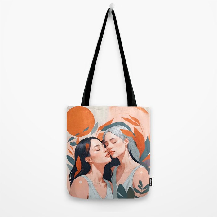 Closeness, Two Women Feminism Painting, Youth Friendship Companion LGBTQ, Lovers Couple Coral Spring Tote Bag Gallery Image 2