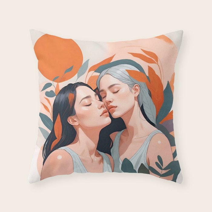 Closeness, Two Women Feminism Painting, Youth Friendship Companion LGBTQ, Lovers Couple Coral Spring Throw Pillow Gallery Image 6
