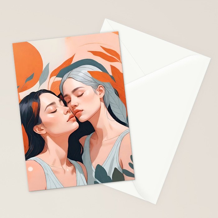 Closeness, Two Women Feminism Painting, Youth Friendship Companion LGBTQ, Lovers Couple Coral Spring Stationery Card Gallery Image 2