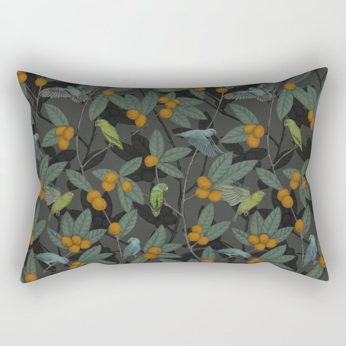 Green & Turquoise Parrotlets and Loquats Rectangular Pillow Gallery Image 1