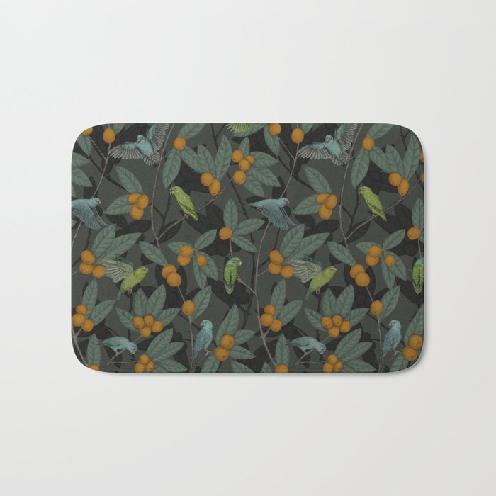 Green & Turquoise Parrotlets and Loquats Bath Mat Gallery Image 1