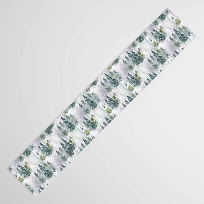 Watercolor forest green snow Christmas pine tree Table Runner Gallery Image 3