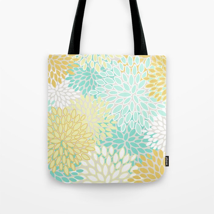 Floral Prints, Mint Green and Yellow, Modern Print Art Tote Bag Gallery Image 1