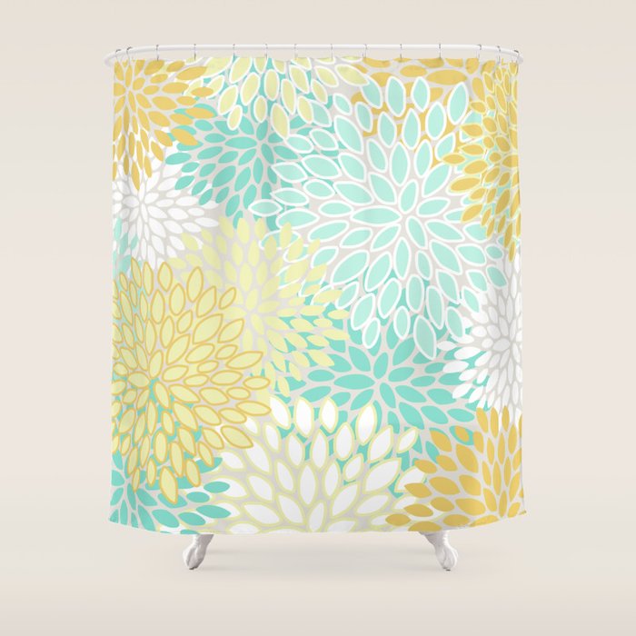 Floral Prints, Mint Green and Yellow, Modern Print Art Shower Curtain Gallery Image 1