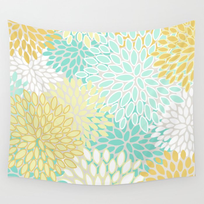 Floral Prints, Mint Green and Yellow, Modern Print Art Wall Tapestry Gallery Image 4