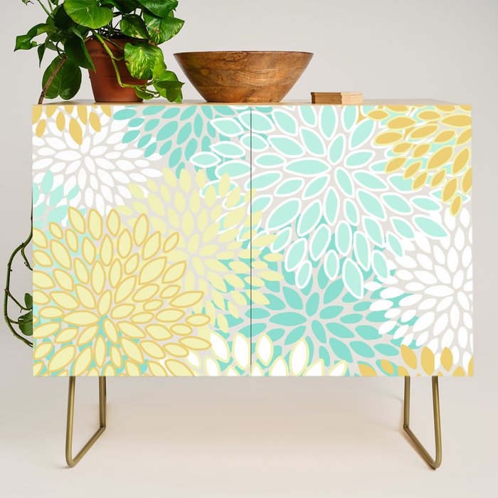 Floral Prints, Mint Green and Yellow, Modern Print Art Credenza Gallery Image 1