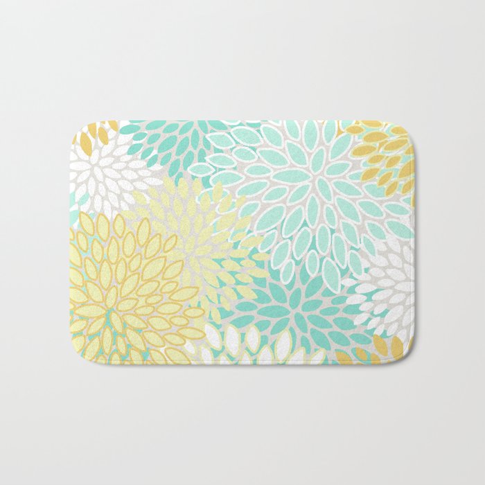 Floral Prints, Mint Green and Yellow, Modern Print Art Bath Mat Gallery Image 1