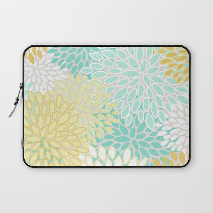 Floral Prints, Mint Green and Yellow, Modern Print Art Laptop Sleeve Gallery Image 1