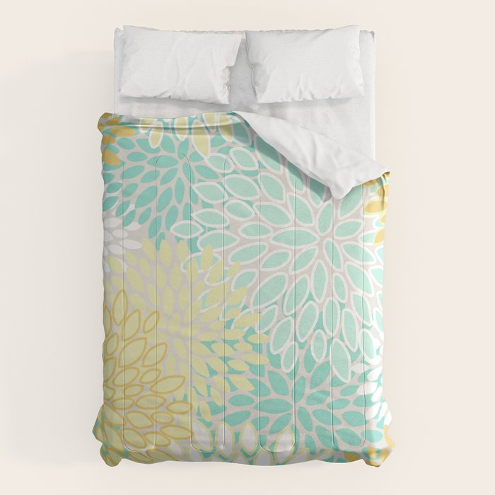 Floral Prints, Mint Green and Yellow, Modern Print Art Comforter Gallery Image 1