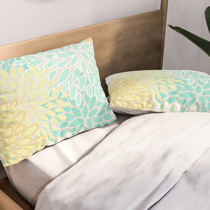 Floral Prints, Mint Green and Yellow, Modern Print Art Pillow Sham Gallery Image 2