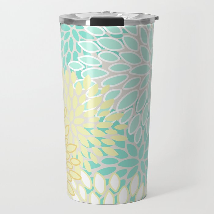 Floral Prints, Mint Green and Yellow, Modern Print Art Travel Mug Gallery Image 1