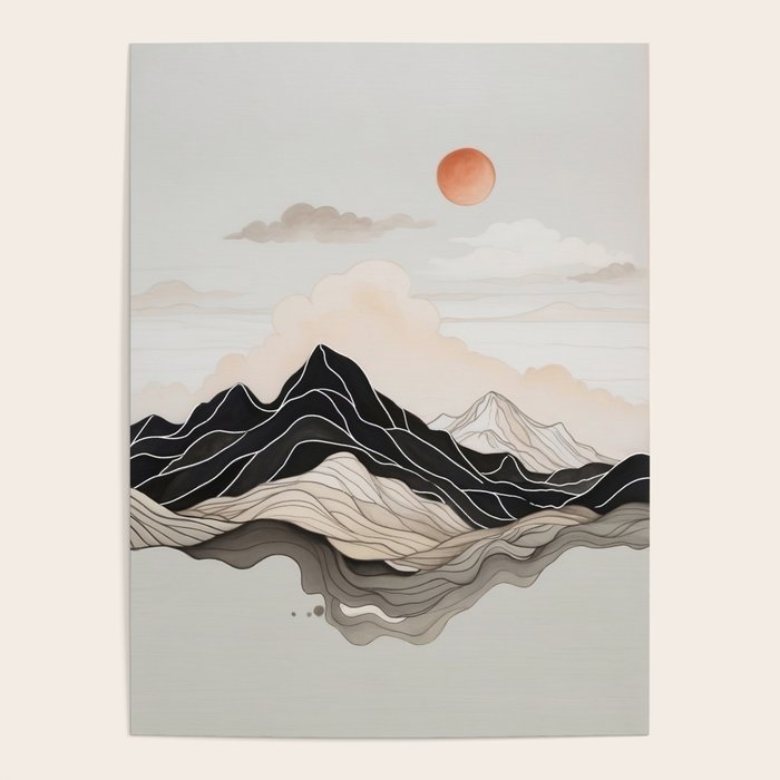 Japanese mountains, minimal ink print Poster Gallery Image 1