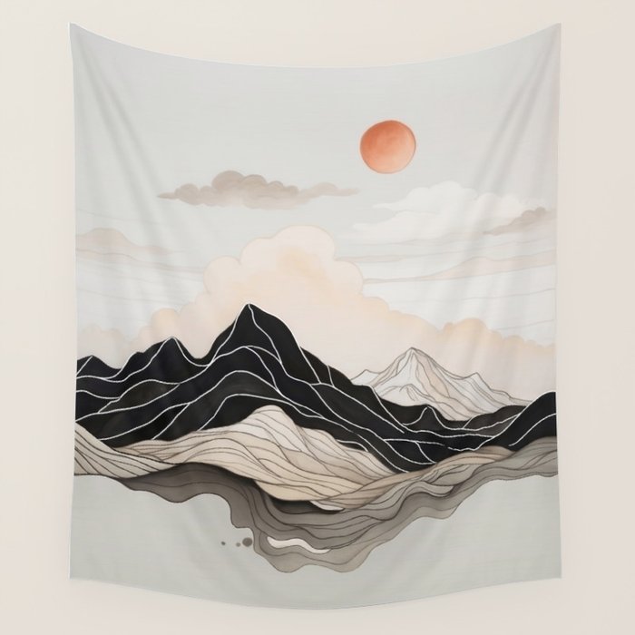 Japanese mountains, minimal ink print Wall Tapestry Gallery Image 4