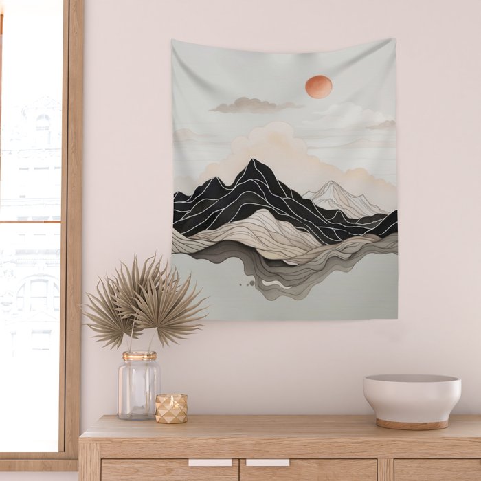 Japanese mountains, minimal ink print Wall Tapestry Gallery Image 2