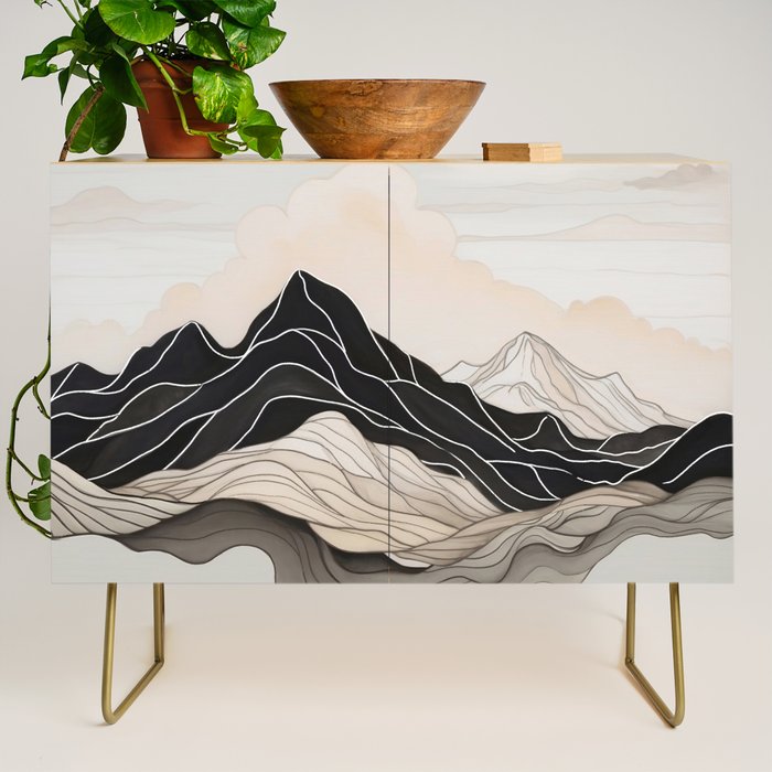 Japanese mountains, minimal ink print Credenza Gallery Image 1