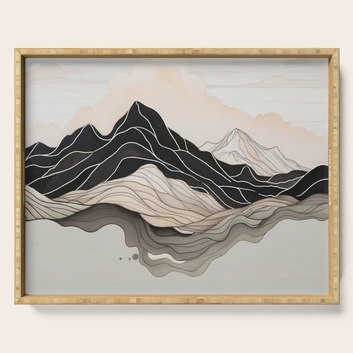 Japanese mountains, minimal ink print Serving Tray Gallery Image 1