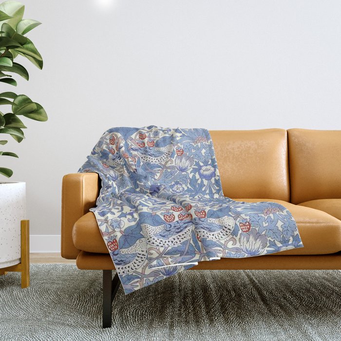 William Morris Strawberry Thief Powder Blue & Red Throw Blanket Gallery Image 1