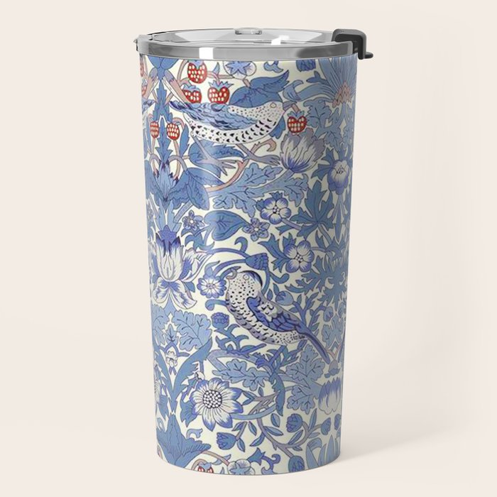 William Morris Strawberry Thief Powder Blue & Red Travel Mug Gallery Image 2