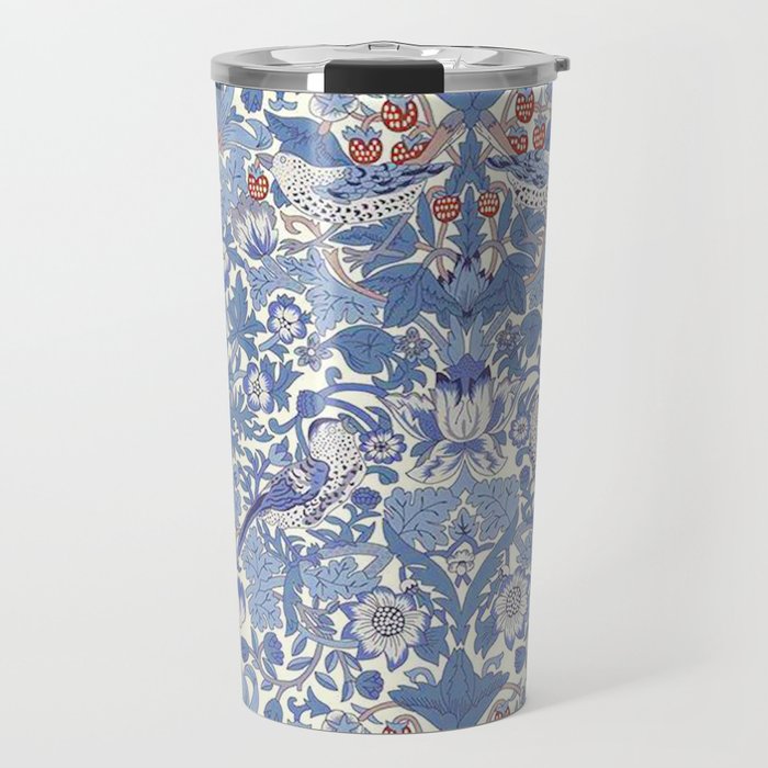 William Morris Strawberry Thief Powder Blue & Red Travel Mug Gallery Image 1
