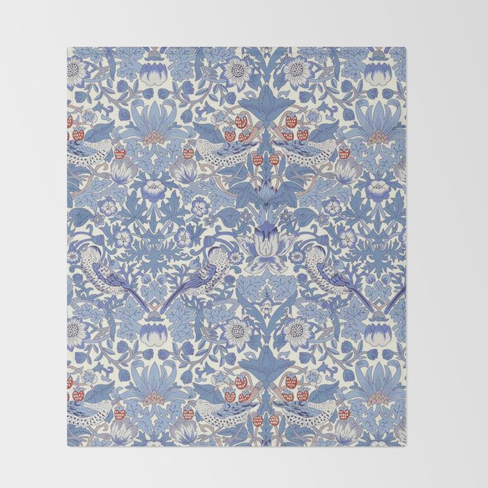 William Morris Strawberry Thief Powder Blue & Red Throw Blanket Gallery Image 2