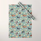 Cows and Flowers on Country Blue, Yellow Flowers, Cow Floral, Pink Flowers Wrapping Paper Gallery Image 1