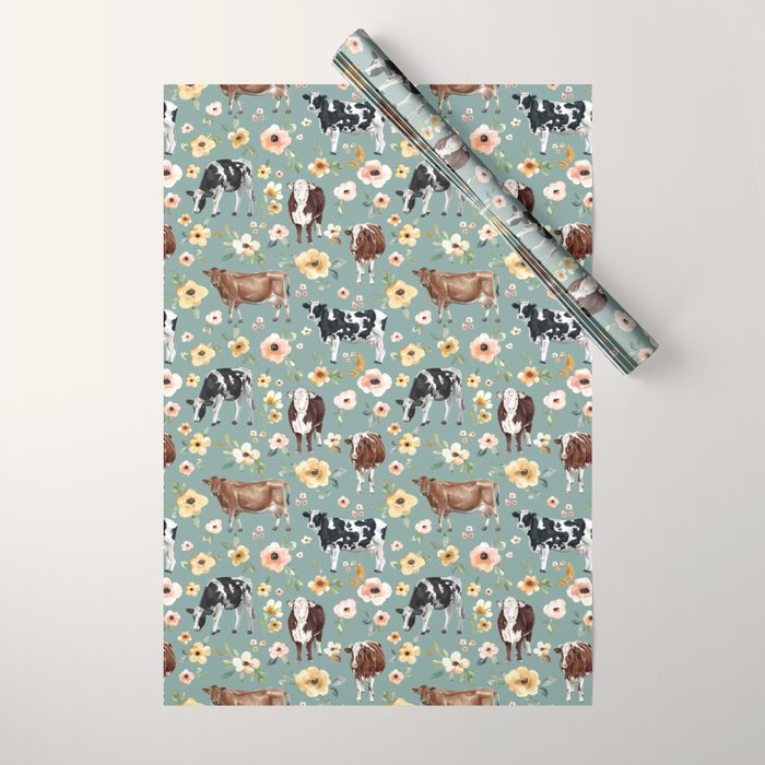Cows and Flowers on Country Blue, Yellow Flowers, Cow Floral, Pink Flowers Wrapping Paper Gallery Image 1