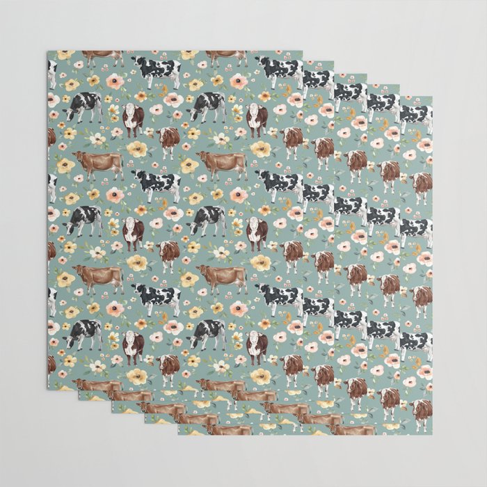 Cows and Flowers on Country Blue, Yellow Flowers, Cow Floral, Pink Flowers Wrapping Paper Gallery Image 3